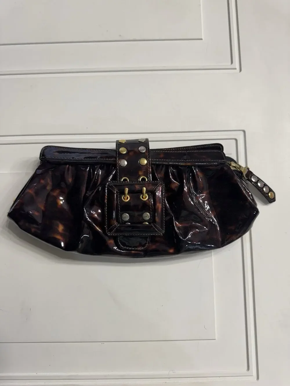 BE & D Patent Tortoise Shell Leather Fold Over Clutch Handbag Gold Buckle